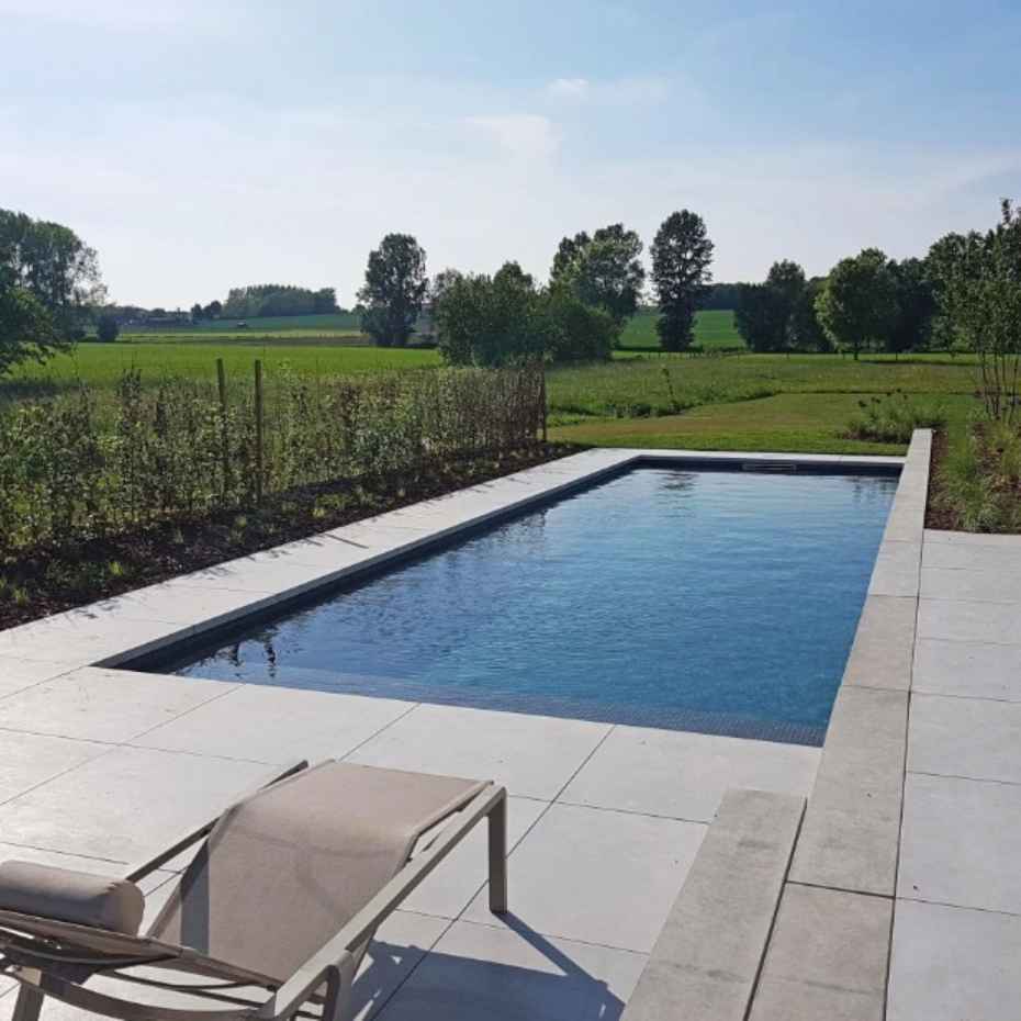 Outdoor Swimming Pool Features 400 Dark Gray Glass Mosaic Pool Tiles, With Lush Green Landscaping On The Sides, Creating A Serene Oasis.