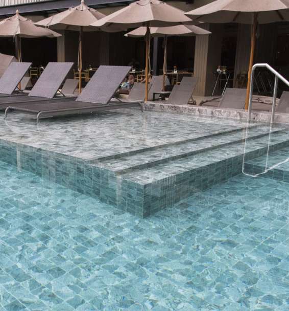 Resort Pool in Thailand Embellished with Alpine Beige Mosaic Pool Tiles